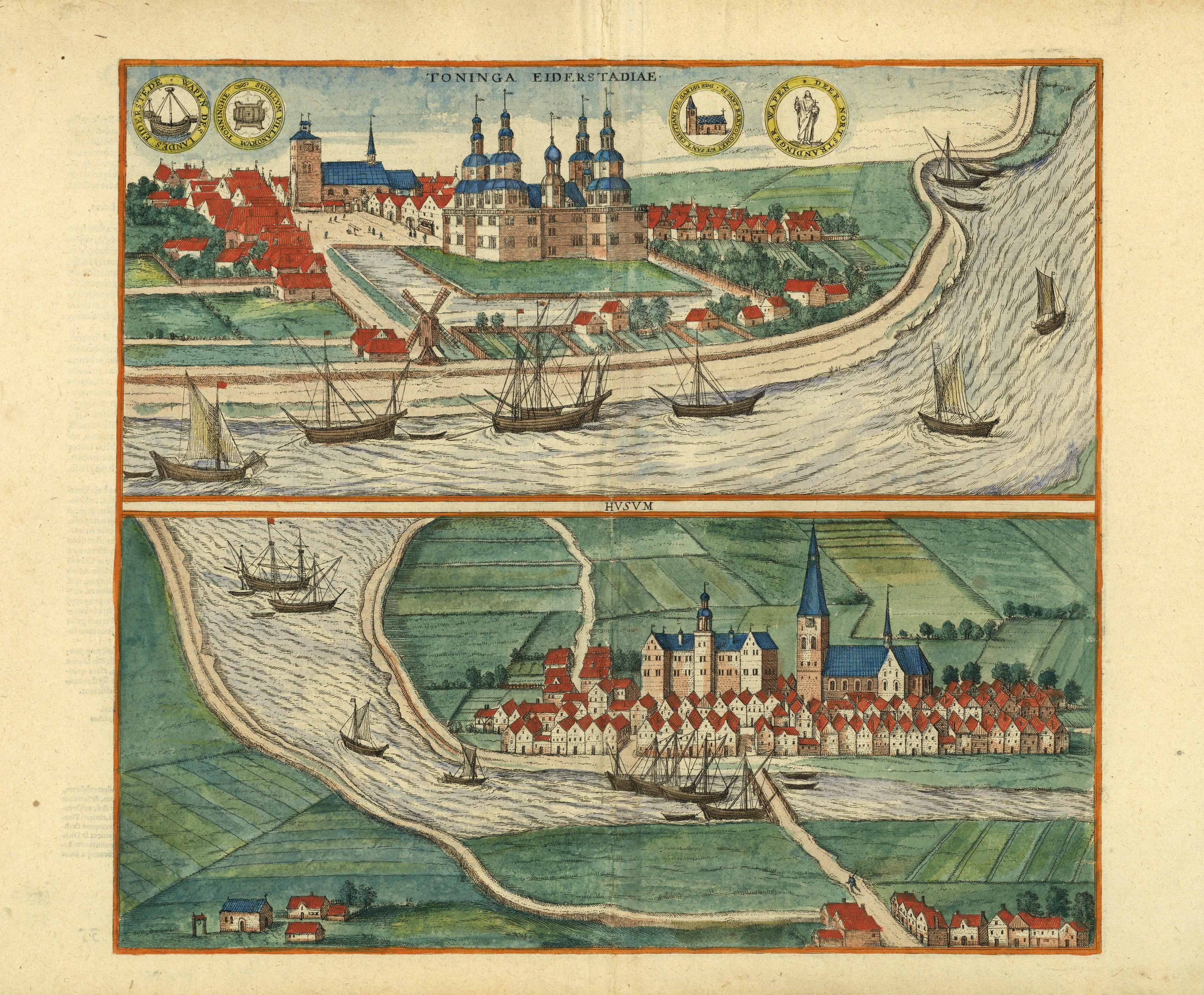 Husum & Tönning im Jahr 1598 von Georg Braun & Frans Hogenberg