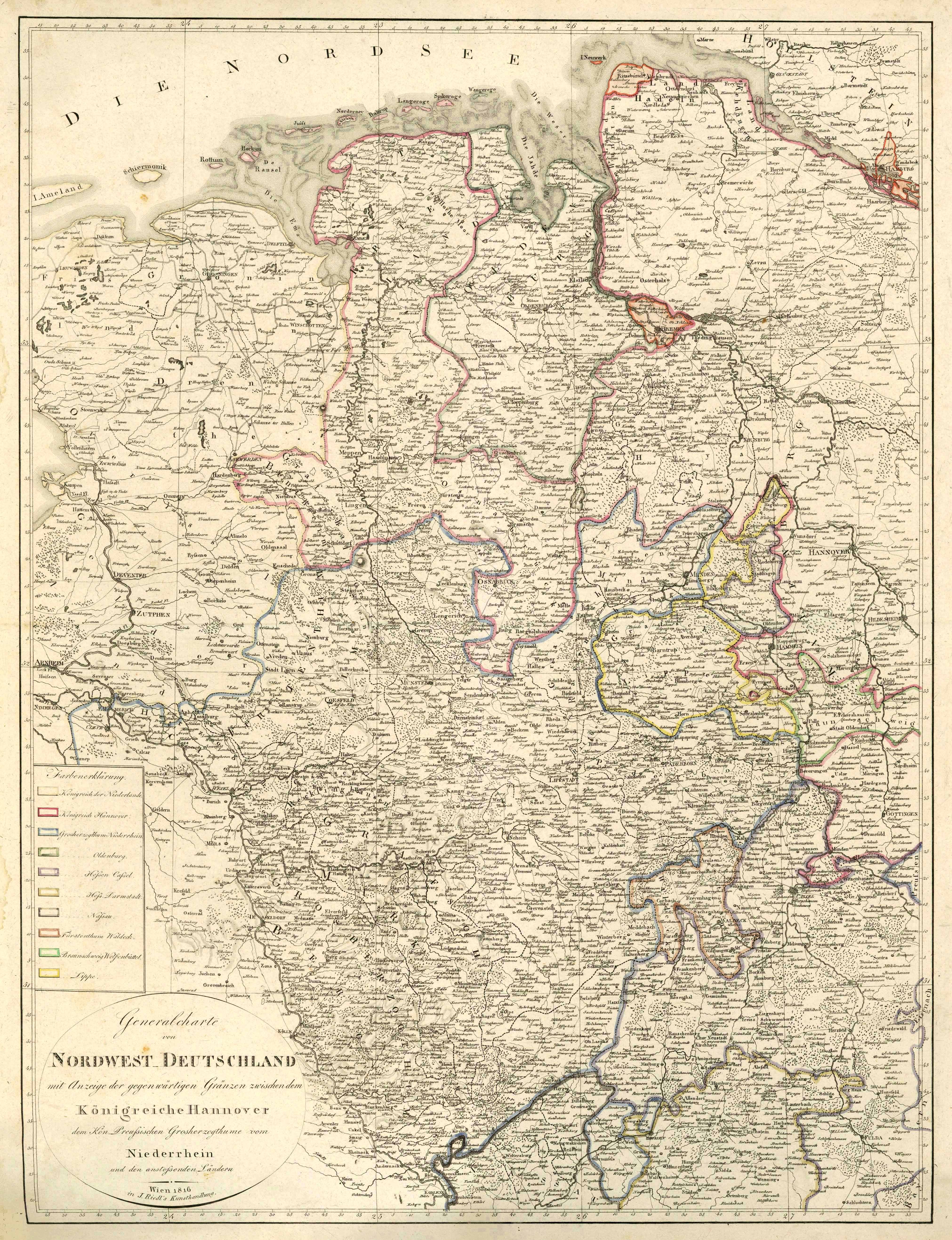 Niedersachsen und Nordrhein-Westfalen im Jahr 1816 von J. Riedls Kunsthandlung