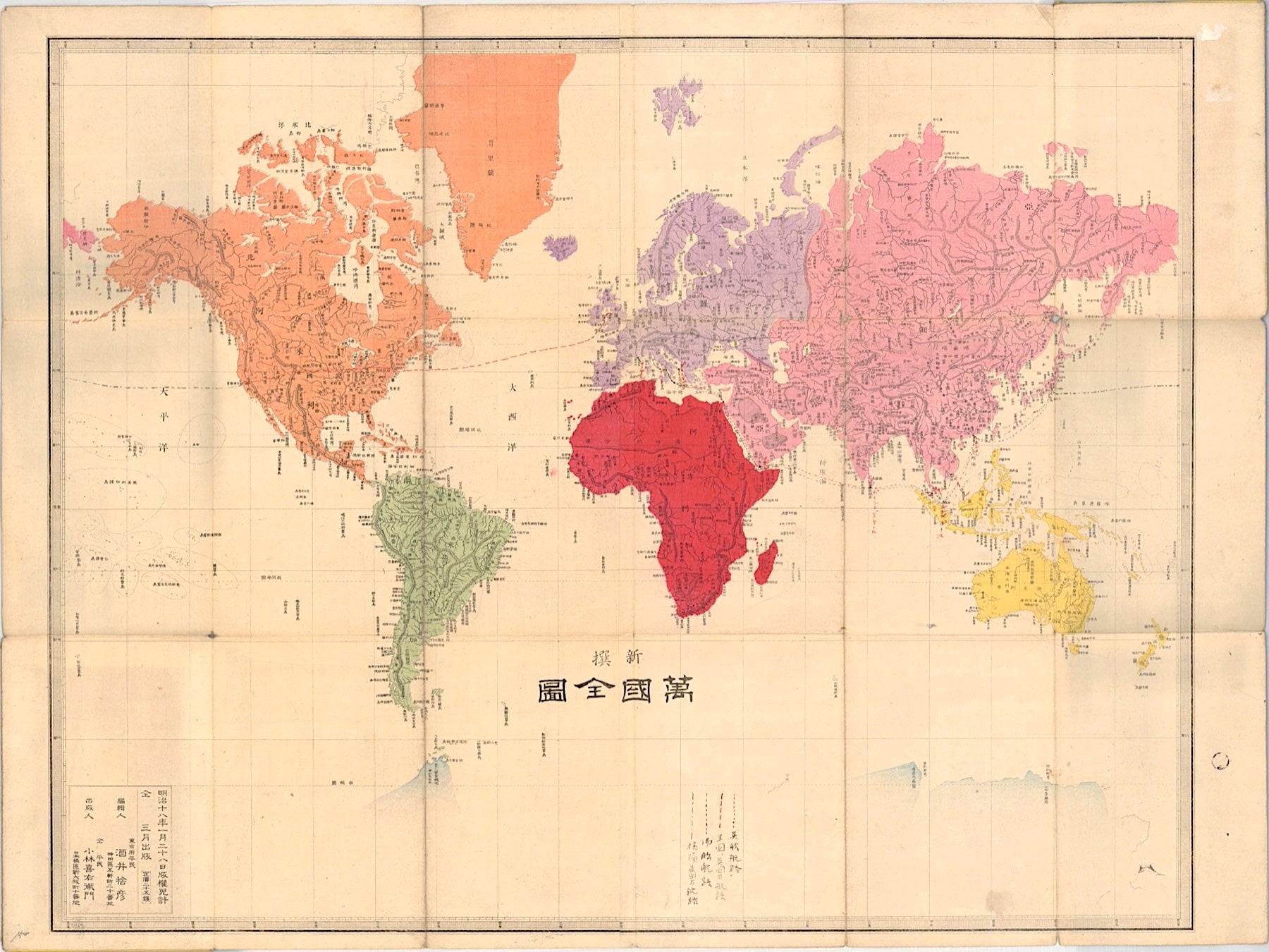 Weltkarte im Jahr 1885 von Sutehiko Sakai & Kobayashi Kiemon