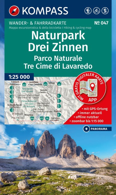 047 Naturpark Drei Zinnen 1:25 000 / Parco Naturale Tre Cime di Lavaredo - Kompass Wanderkarte