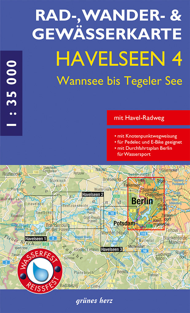 Havelseen 4 Wannsee, Tegeler See 1:35.000 - Rad-, Wander- und Gewässerkarte Grünes Herz
