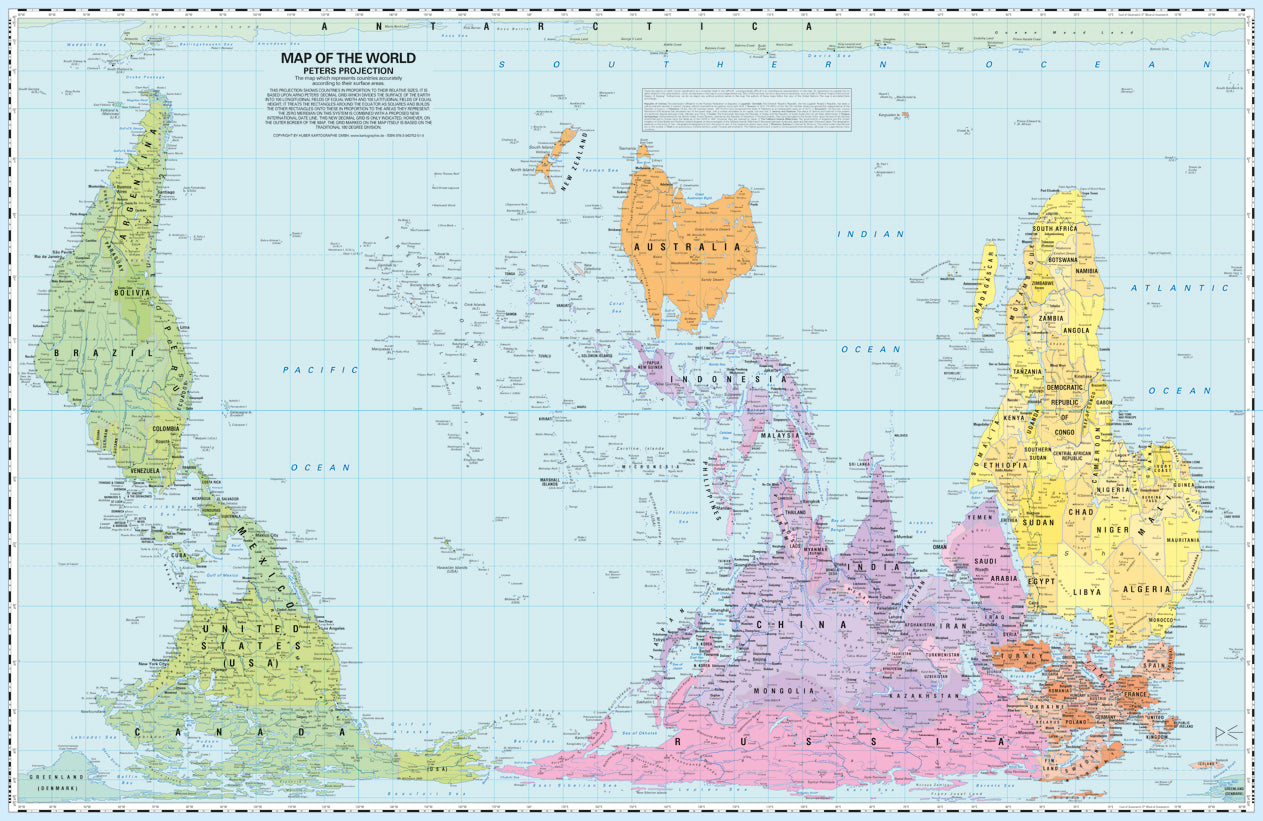 W62 Weltkarte Politisch (Peters Projektion, Upside Down, Pazifik zentriert)
