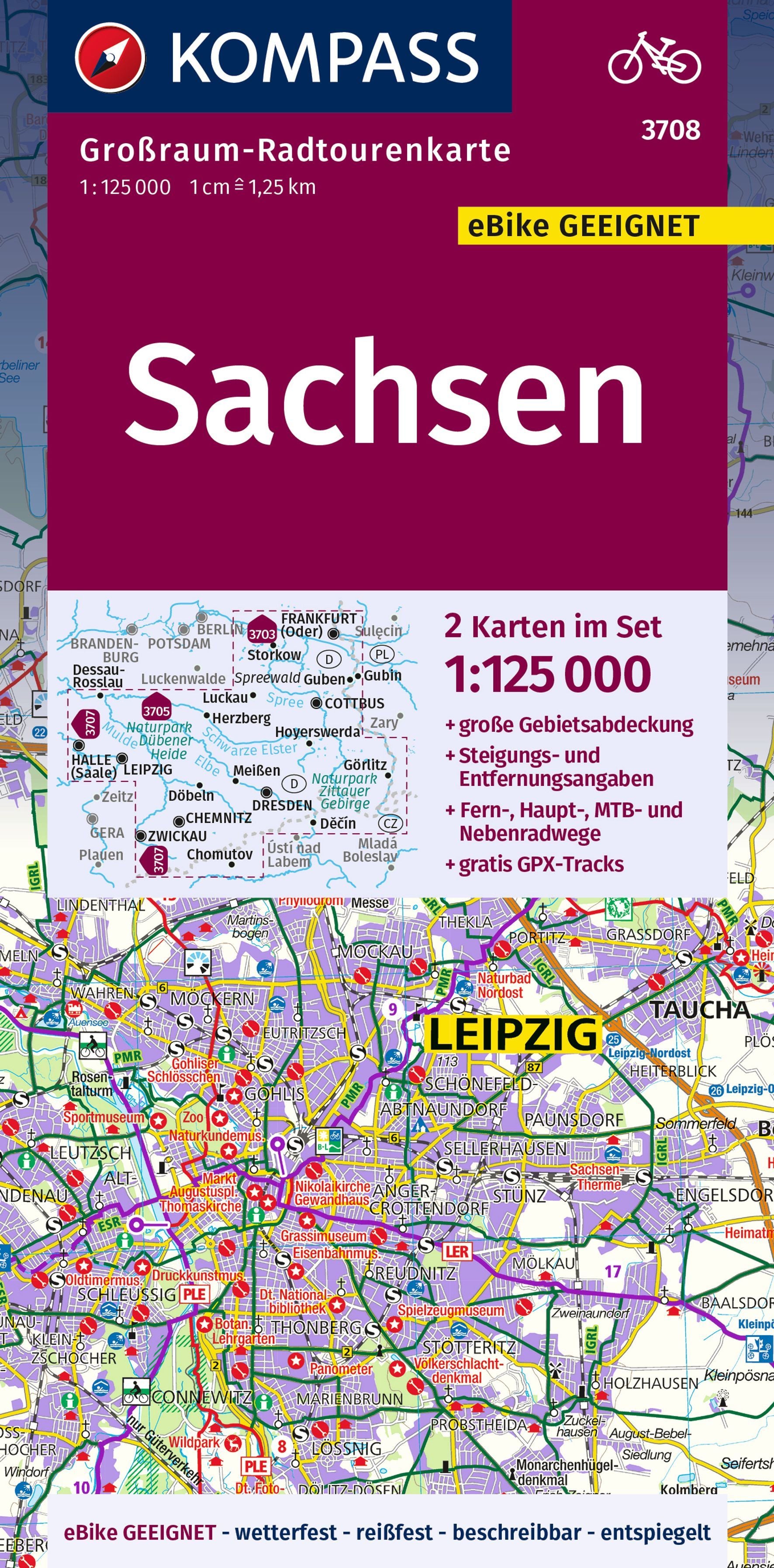 3708 Sachsen 1:125.000 - Kompass Radtourenkarte