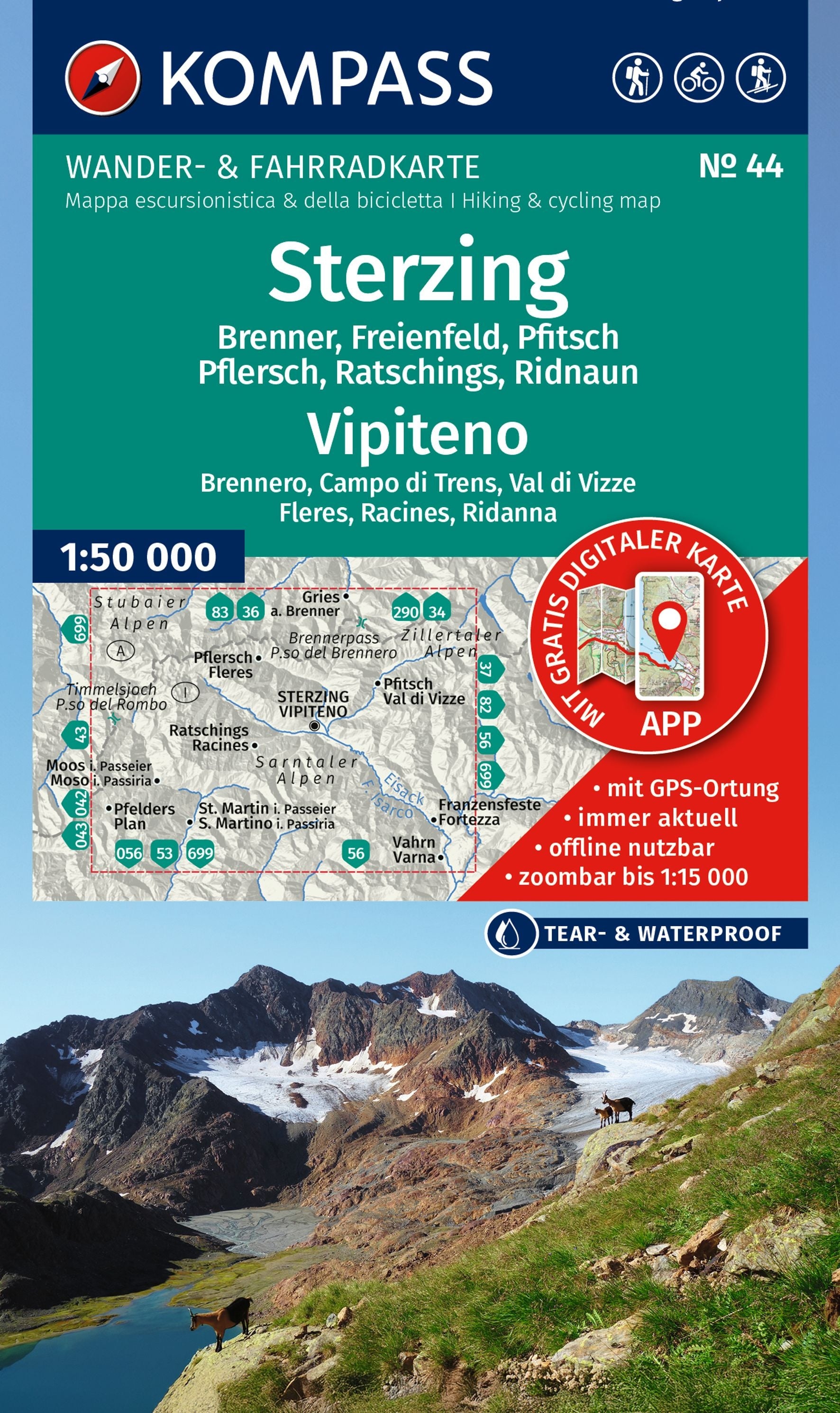 44 Sterzing, Vipiteno 1:50.000 - Kompass Wanderkarte