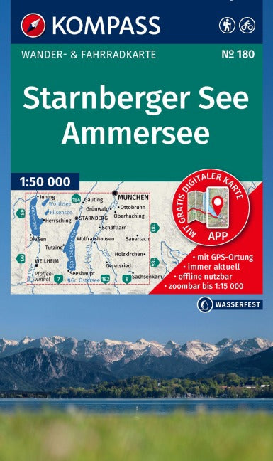 180 Starnberger See, Ammersee 1:50000 - Kompass Wanderkarte