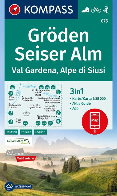 076 Gröden, Seiser Alm, Val Gardena, Alpe di Siusi 1:25.000 - Kompass Wanderkarte