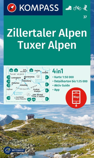 37 Zillertaler Alpen, Tuxer Alpen 1:50.000 - Kompass Wanderkarte