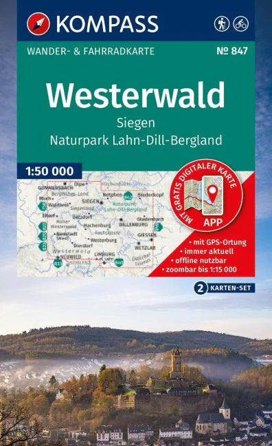 847 Westerwald, Siegen, Naturpark Lahn-Dill-Bergland 1:50.000 - Kompass Wanderkarte