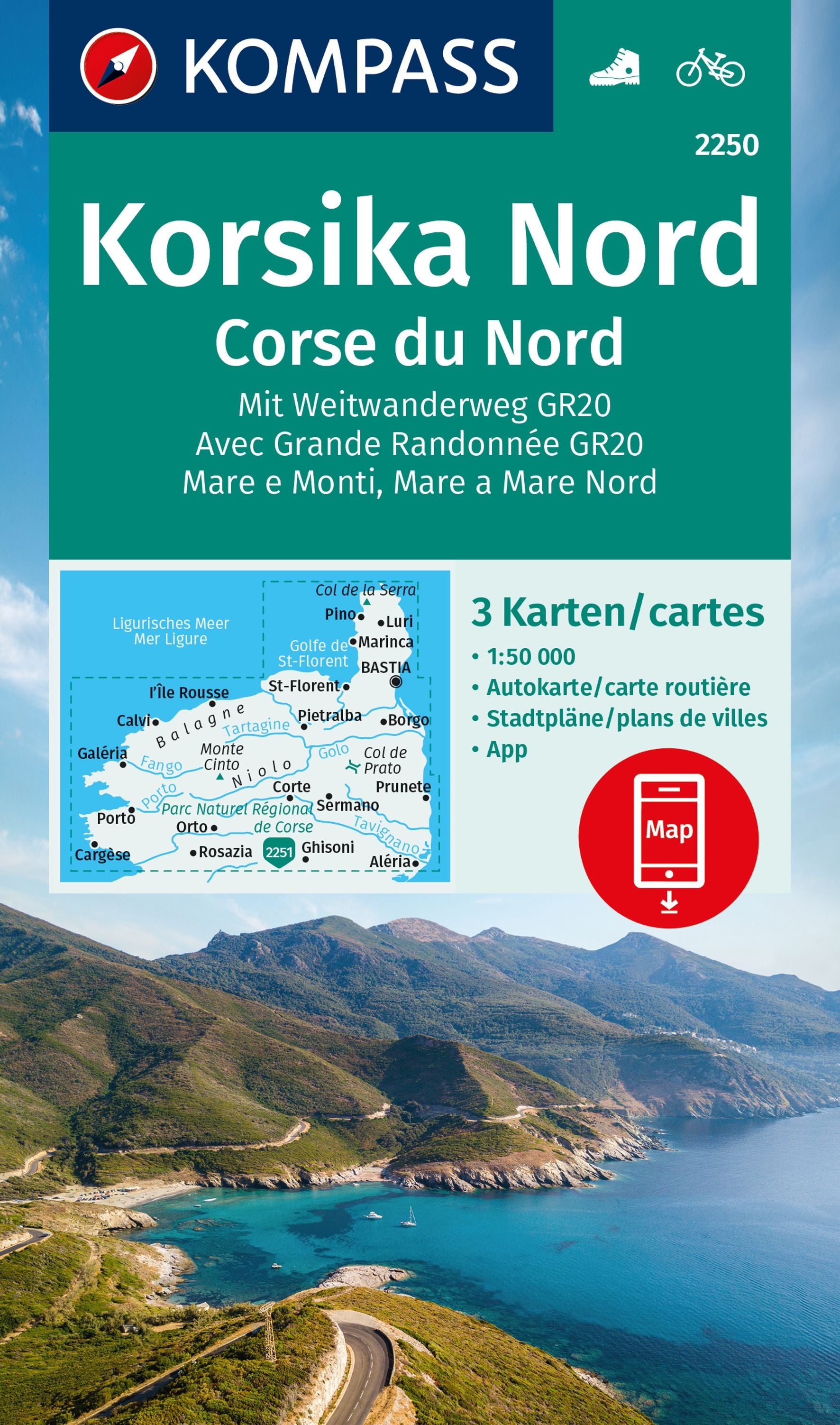 2250 Korsika Nord / Corse du Nord, Weitwanderweg GR20 1:50.000 - Kompass Wanderkartenset