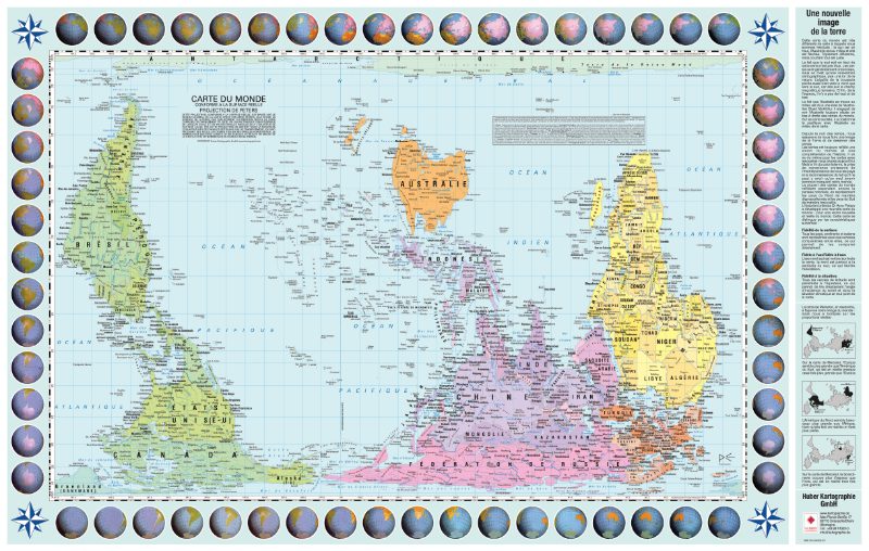 W62 Weltkarte Politisch (Peters Projektion, Upside Down, Pazifik zentriert)