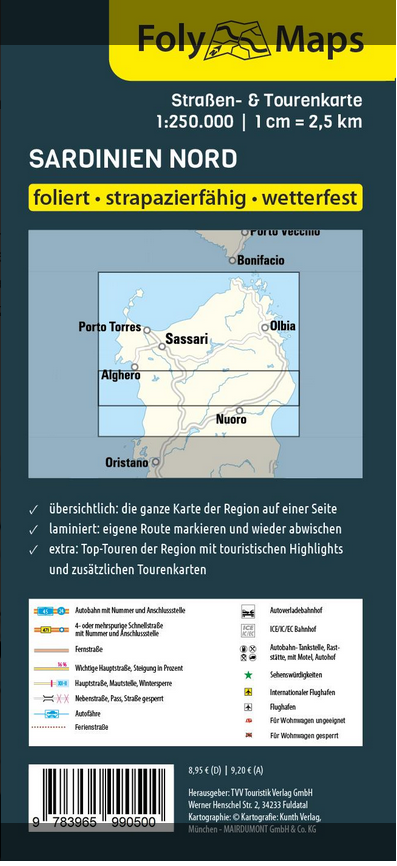 Sardinien Nord 1:250.000 - Straßen- und Tourenkarte FolyMaps