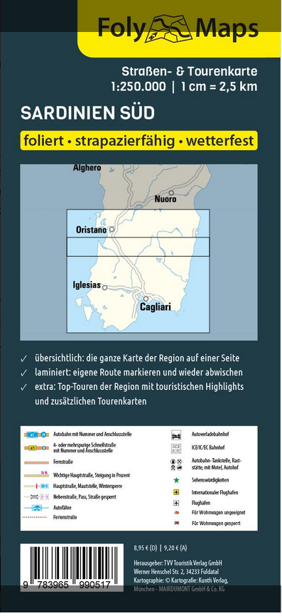 Sardinien Süd 1:250.000 - Straßen- und Tourenkarte FolyMaps