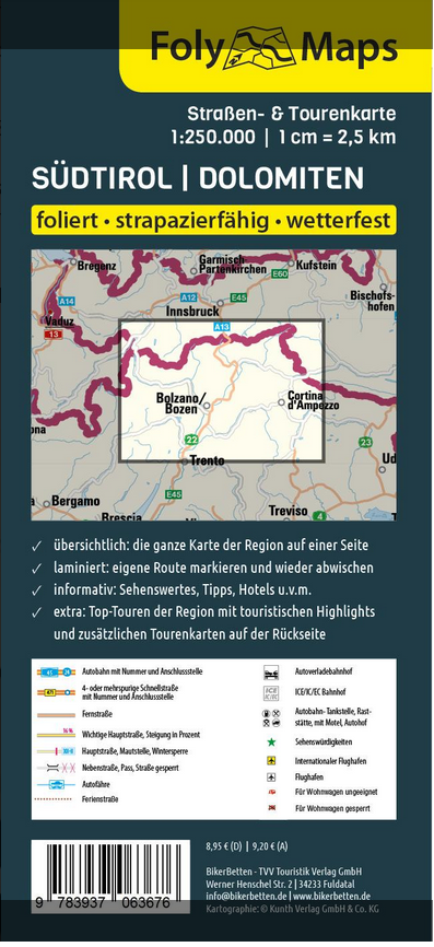 Südtirol & Dolomiten 1:250.000 - Straßen- und Tourenkarte FolyMaps