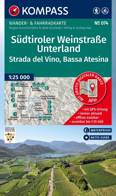 074 Südtiroler Weinstraße, Unterland 1:25.000 - Kompass Wanderkarte