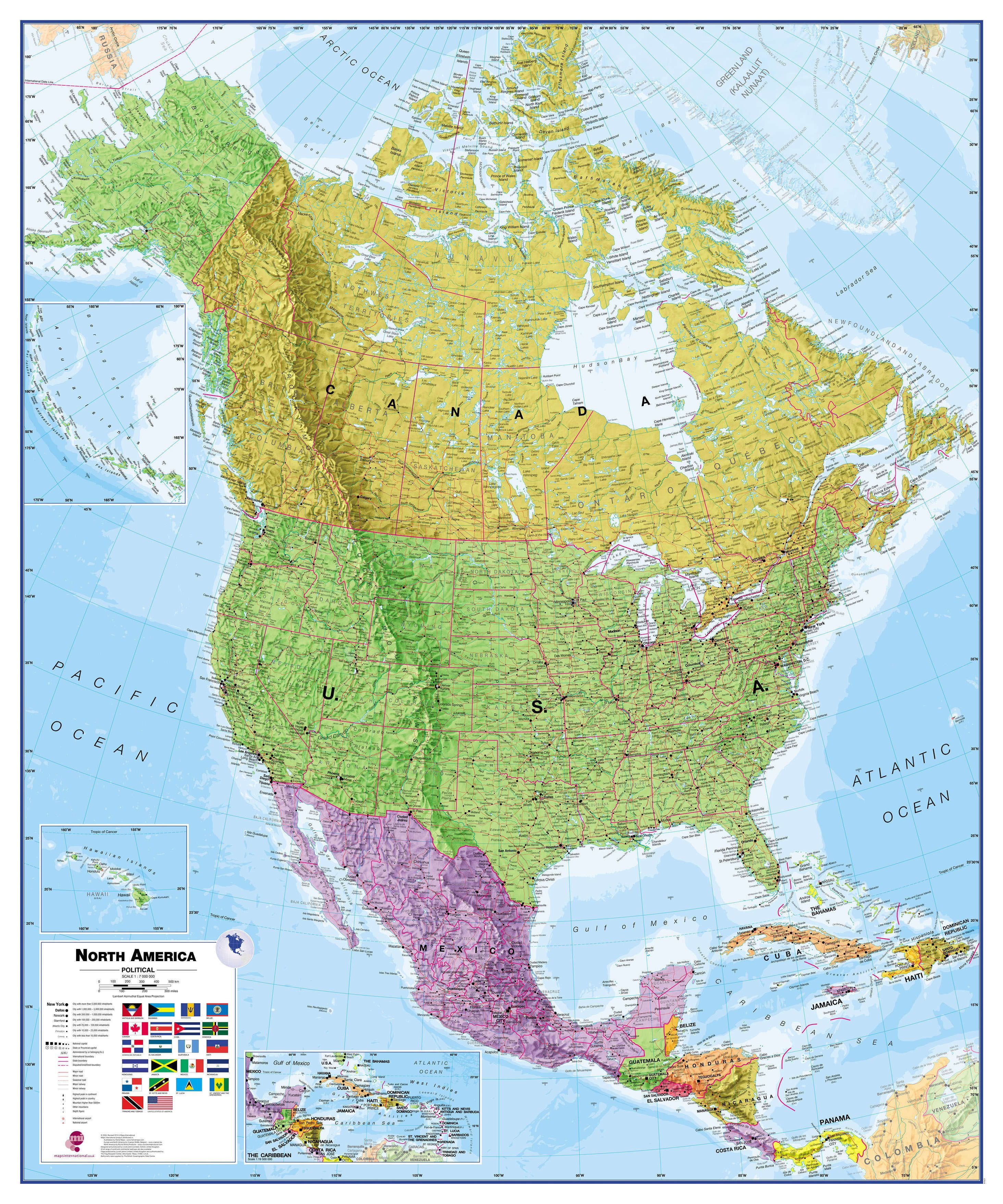 Ü104L Nordamerika politische Wandkarte - englisch