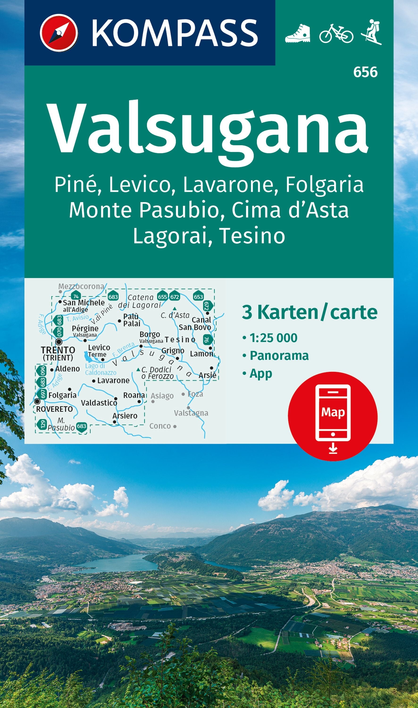 Valsugana, Pine, Levico, Lavarone, Folgaria, Monte Pasubio, Cima d'Asta, Lagorai, Tesino - KOMPASS Wanderkarten-Set