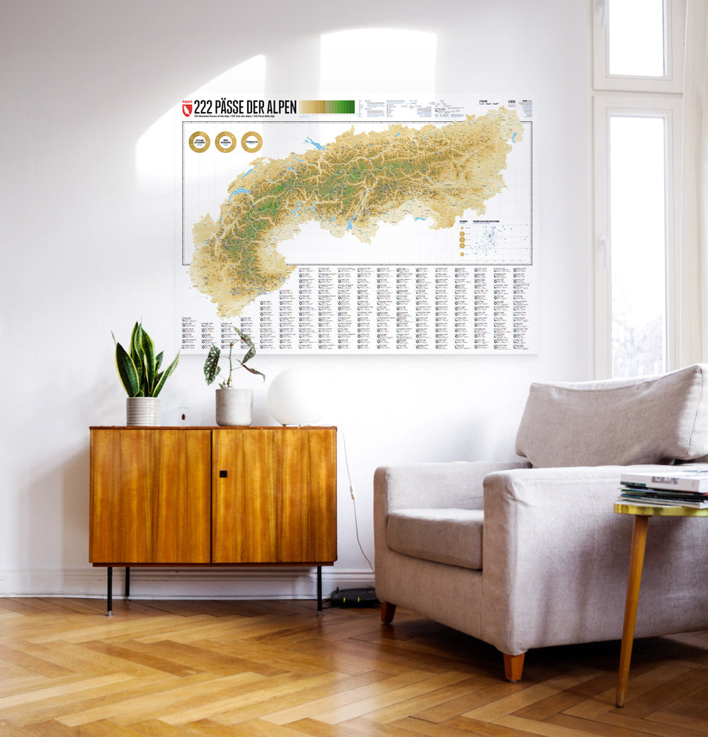 222 Pässe der Alpen Wandkarte (XL)
