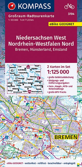 3704 Niedersachsen West 1:125 000 - KOMPASS Radtourenkarte