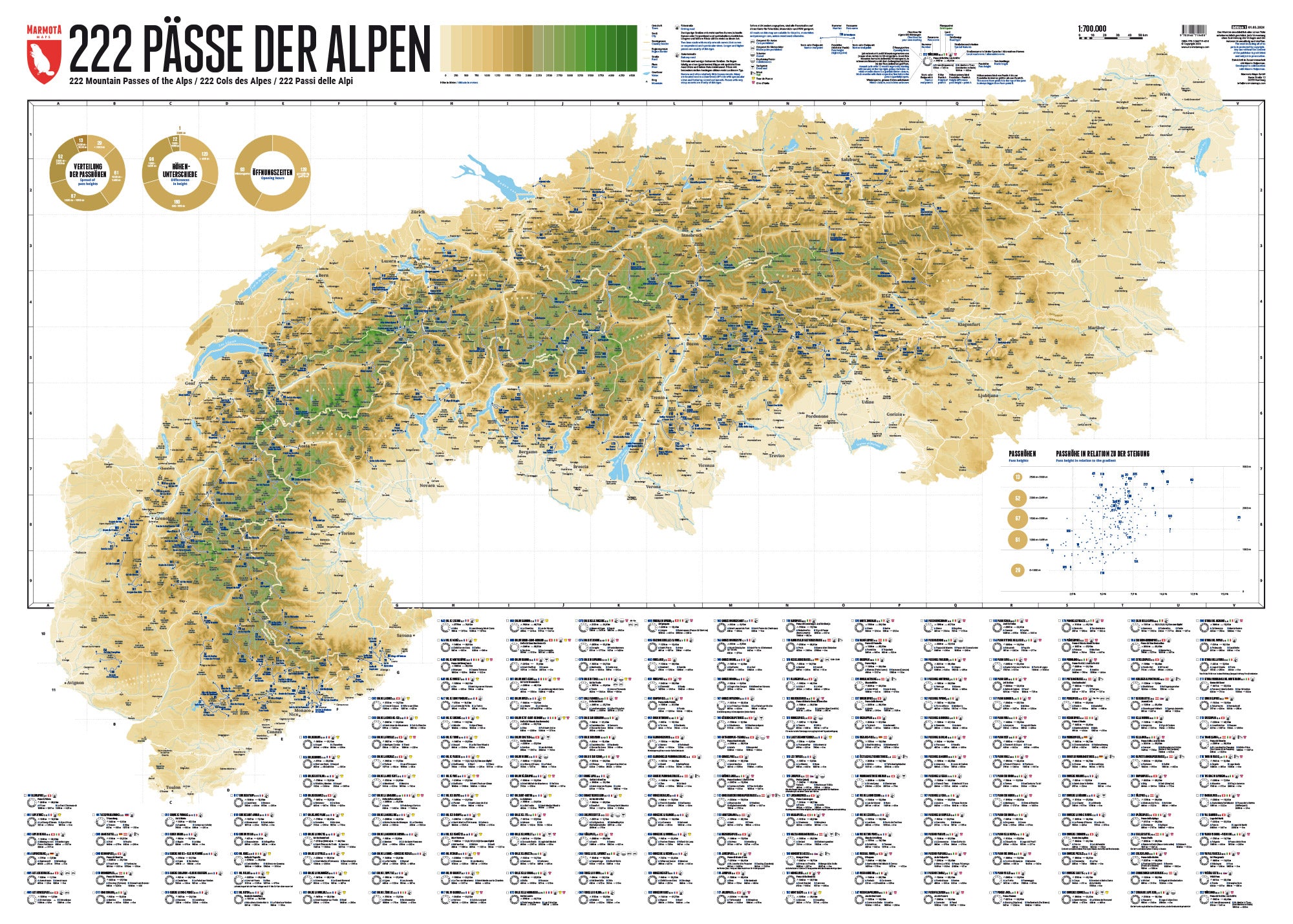 222 Pässe der Alpen Wandkarte (XL)