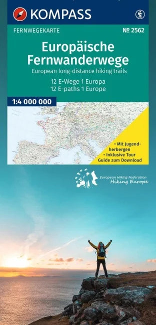 KOMPASS Fernwegekarte Europäische Fernwanderwege, 12 E-Wege - 1 Kontinent 1:4 Mio.