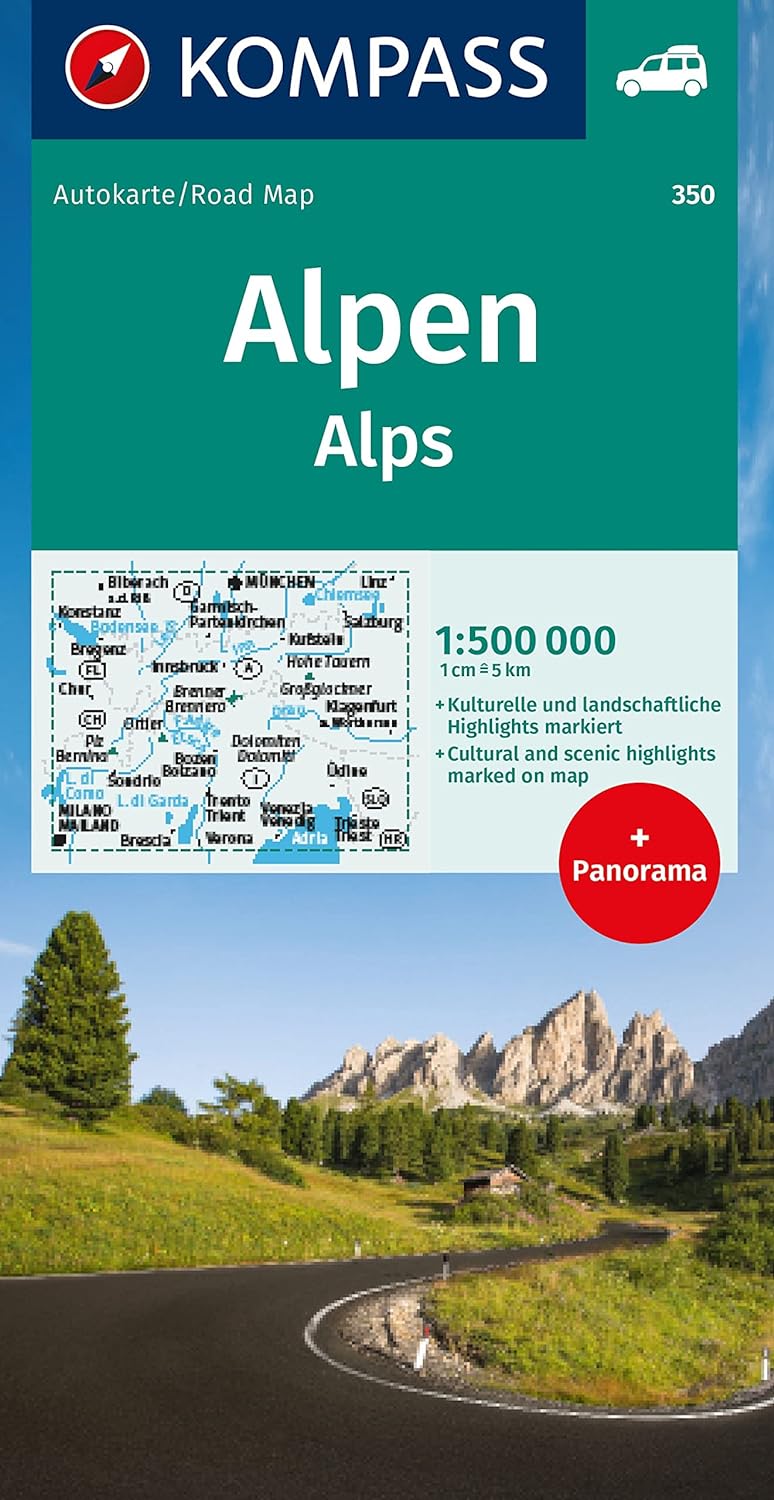 Alpen 1 : 500 000 - Kompass - Autokarte mit Panorama