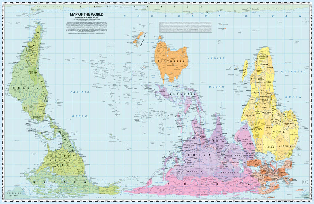 W59 Weltkarte Politisch (Peters Projektion, Upside Down, Pazifik zentriert)