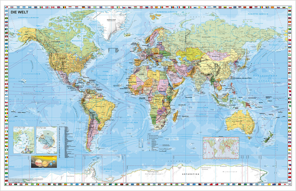 W87bdx Weltkarte politisch mit Flaggenrand mit Bestäbung - 137x89 cm Stiefel Verlag