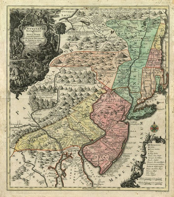 2494   Seutter / Lotter: Pensylvania Nova Jersey et Nova York cum Regionibus ad Fluvium Delaware ... 1750