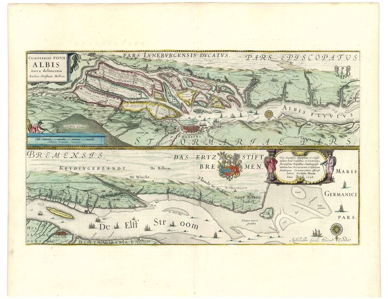 Hamburg und die Elbe im Jahr 1628 von Willem Janszoon Blaeu