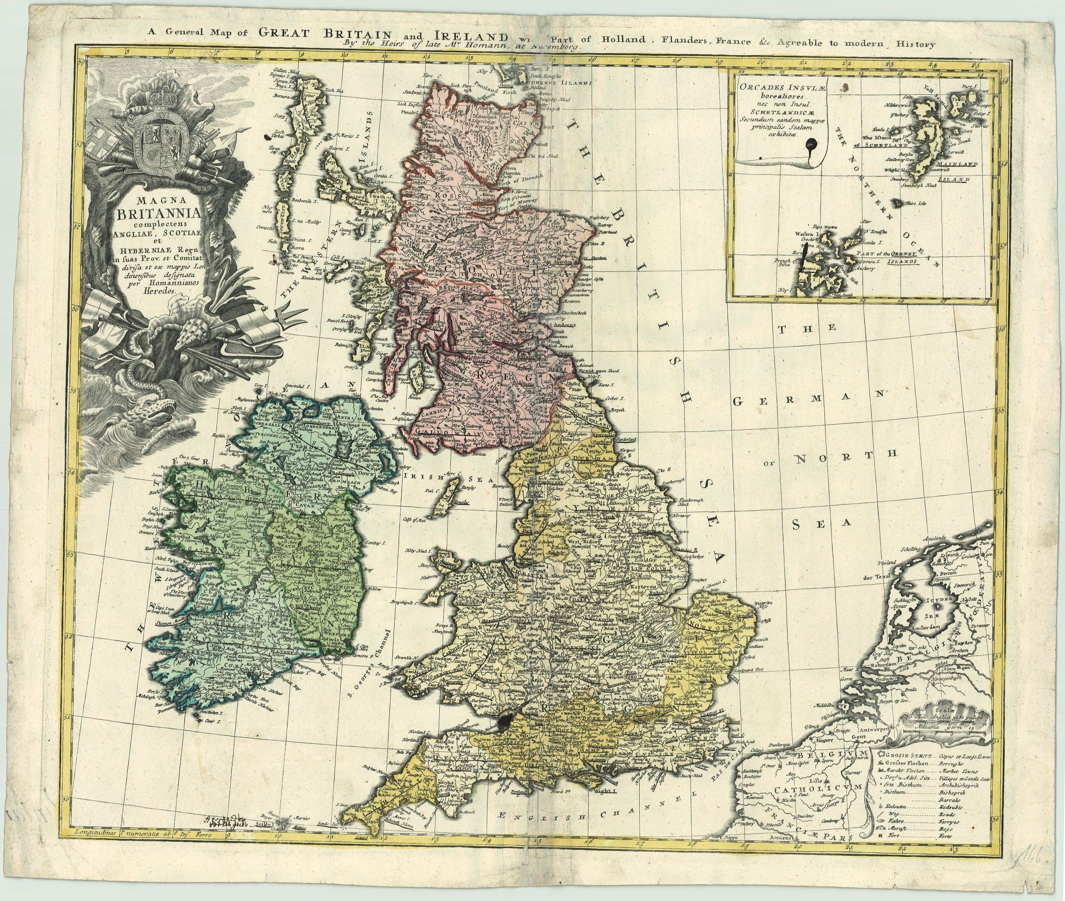 Homann Erben: Magna Britannia complectens Angliae, Scotiae et Hyberniae Regn in suas Prov. Et Comitat. 1730