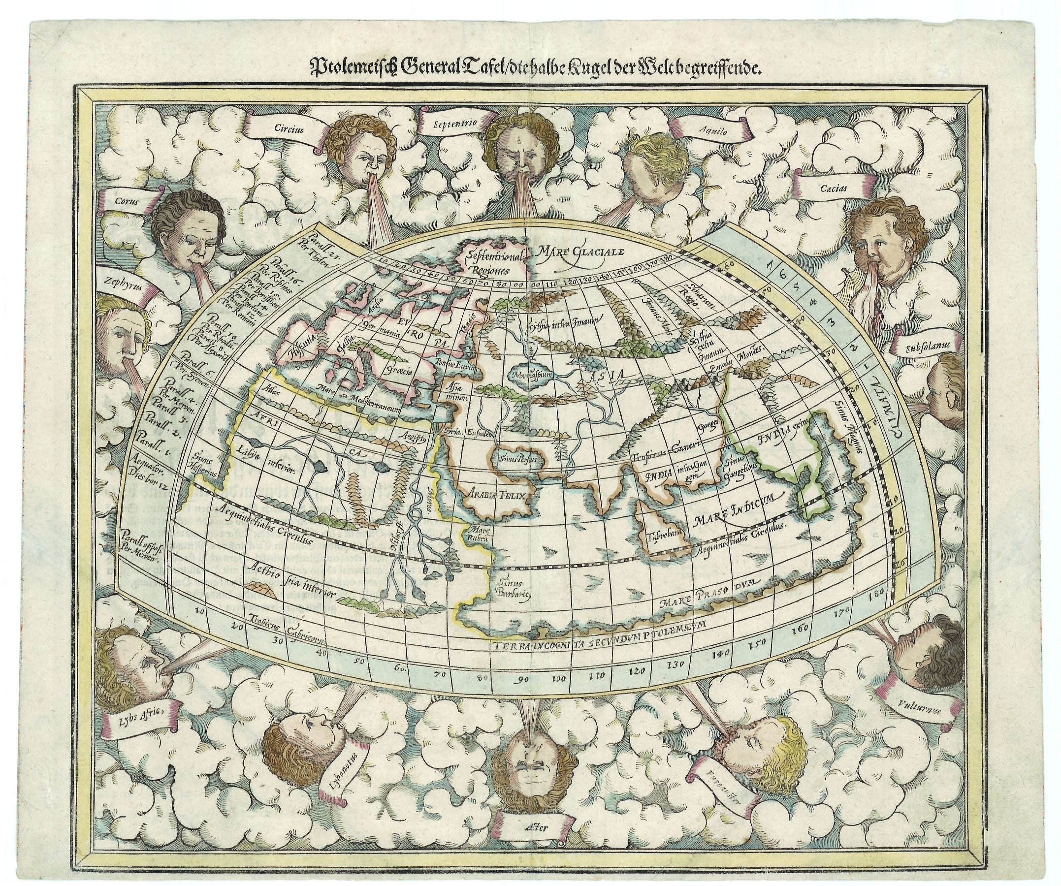 Münster, Sebastian: Ptolemeisch General Tafel/Die halbe Kugel der Welt begreiffende. 1588