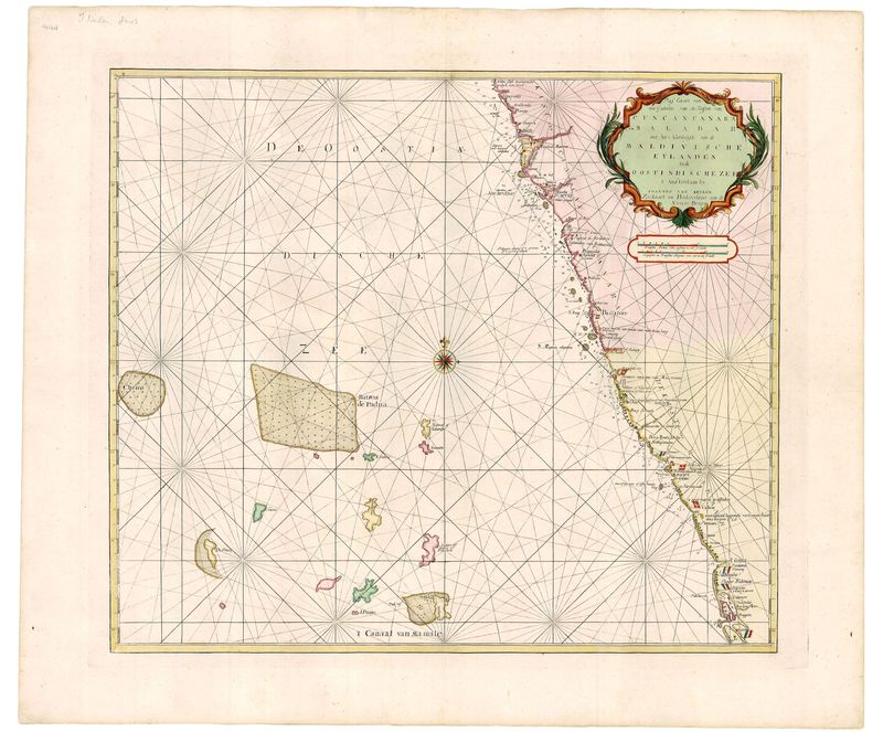 R2607   Keulen, Johannes van: Pas Caart van een Gedeette van de Kusten van Cuncancanara en Malibar met het Noortlykste van de Maldivische Eylanden in de Oostindischezee  1755