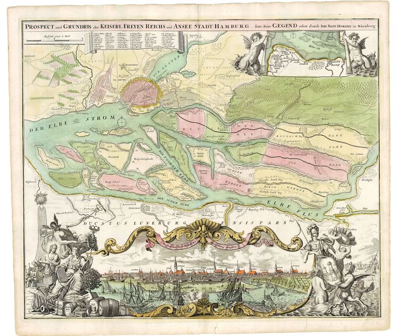 2642   Homann, Johann Baptist: Prospect und Grundris der Keiserl.Freyen Reichs und Ansee Stadt Hamburg samt ihrer Gegend. 1720
