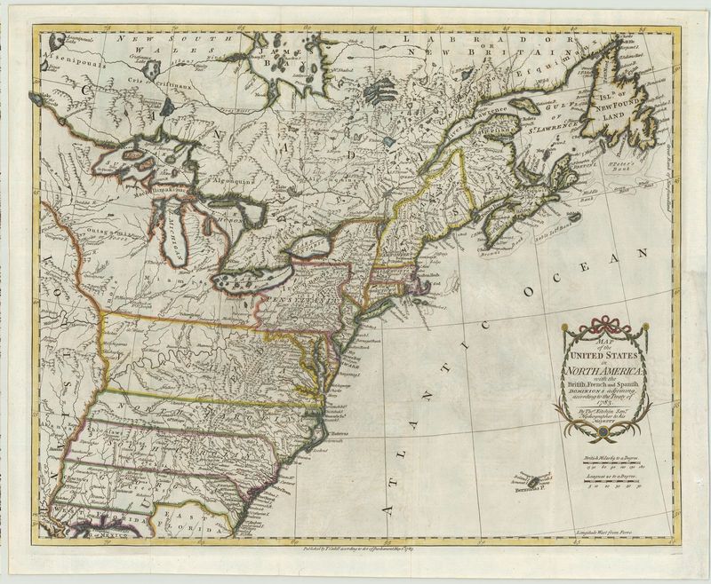 2680   Kitchin, Thomas: Map of the United States in North America: with the British, French and Spanish Dominions adjoining, according to the Treaty of 1783. 1783
