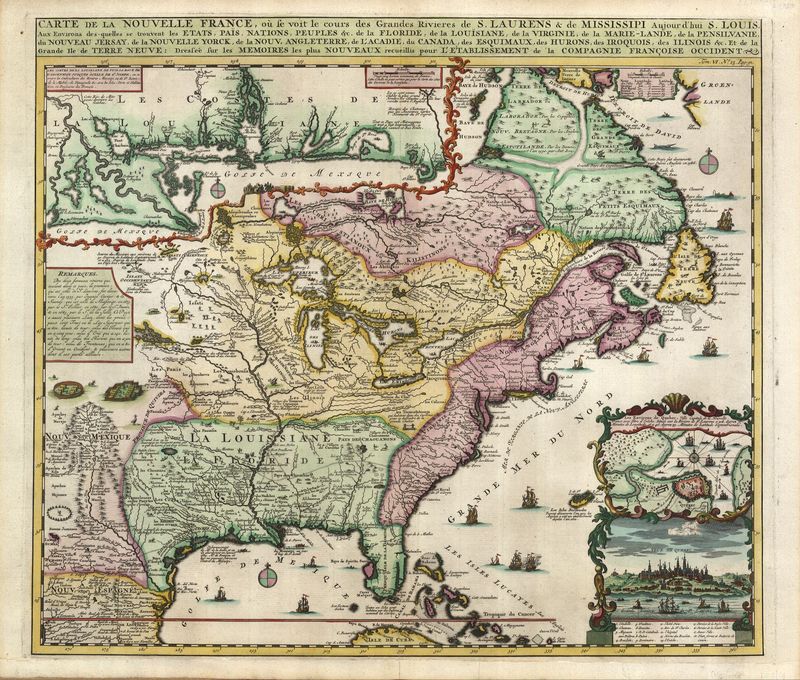 2801   Châtelain, Henri Abraham: Carte de la Nouvelle France, où se voit le cours des Grandes Rivieres de S.Laurens & de Mississipi  1718