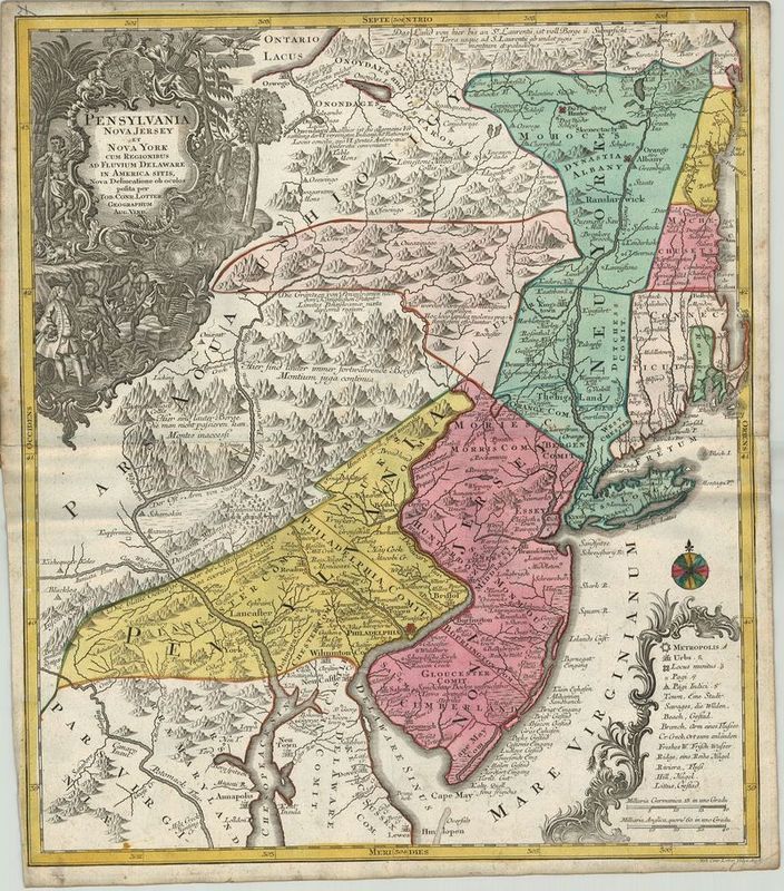 2906   Lotter, Tobias Conrad: Pennsylvania Nova Jersey et Nova York cum Regionibus ad Fluvium Delaware in America sitis  1740