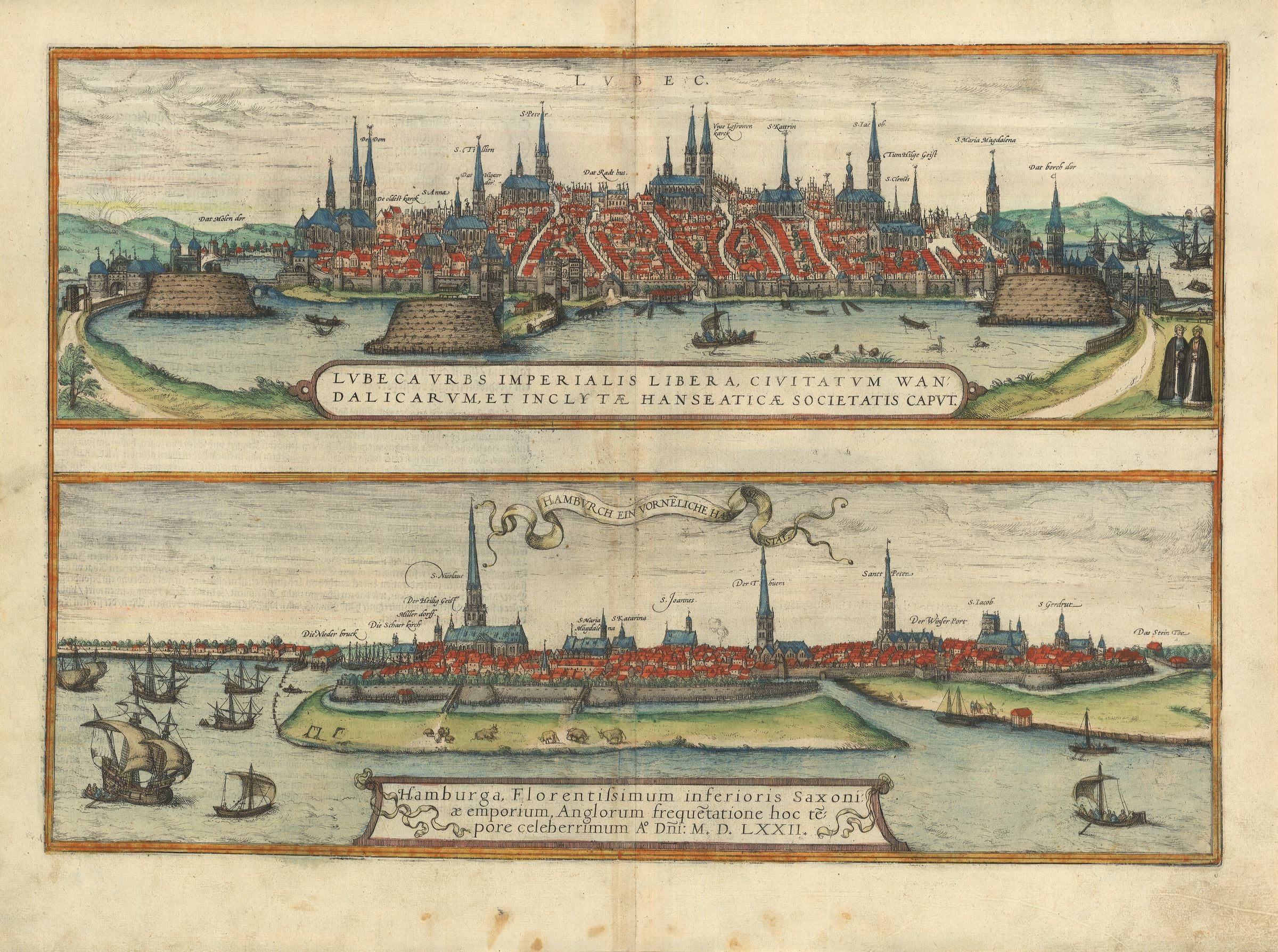 Hamburg und Lübeck im Jahr 1574 von Georg Braun & Frans Hogenberg