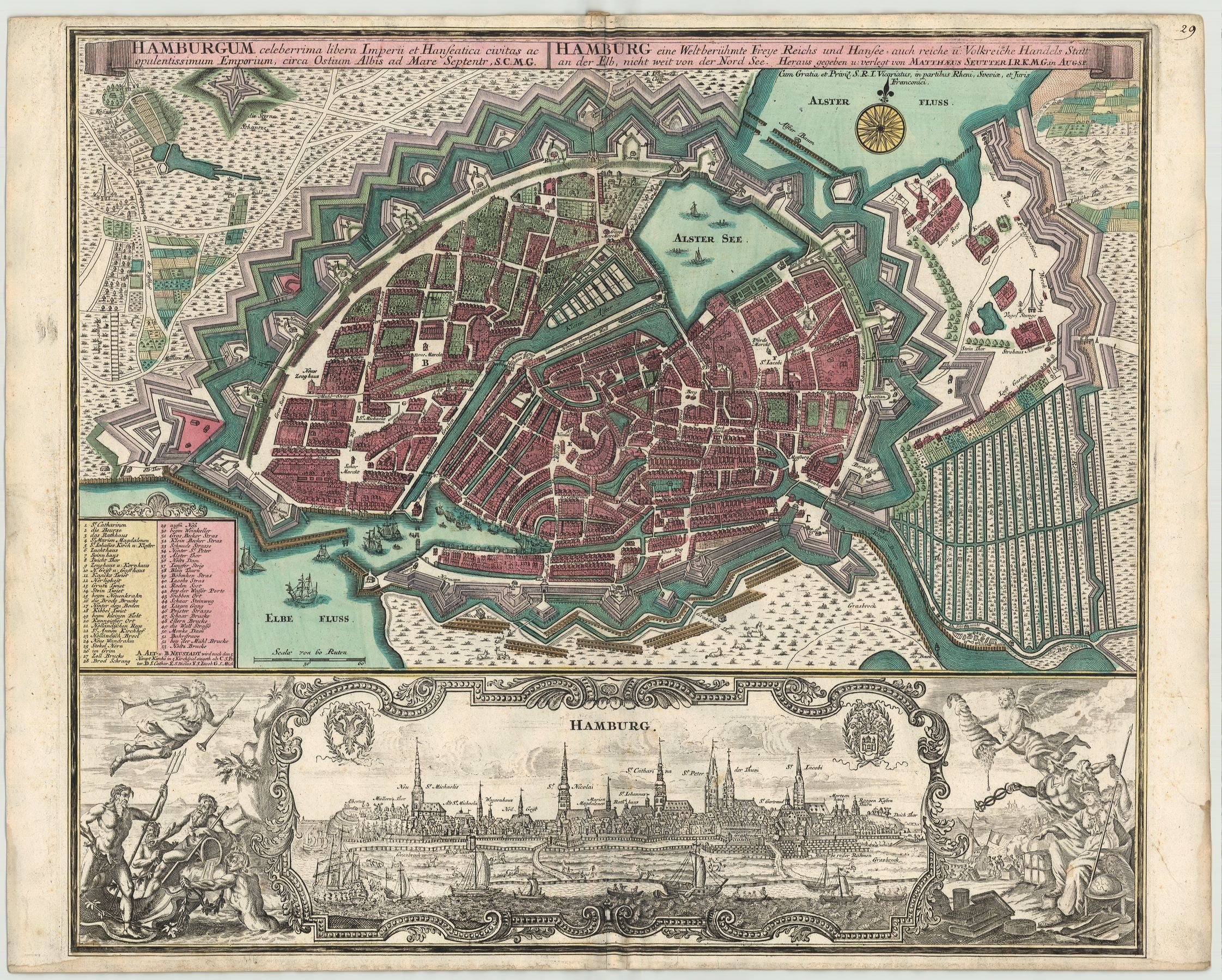 Seutter, Matthias: Hamburg eine Welt berühmte Freye Reichs und Hansee , auch reiche u. Volkreiche Handels--Statt an der Elb, nicht weit von der Nord See. 1740