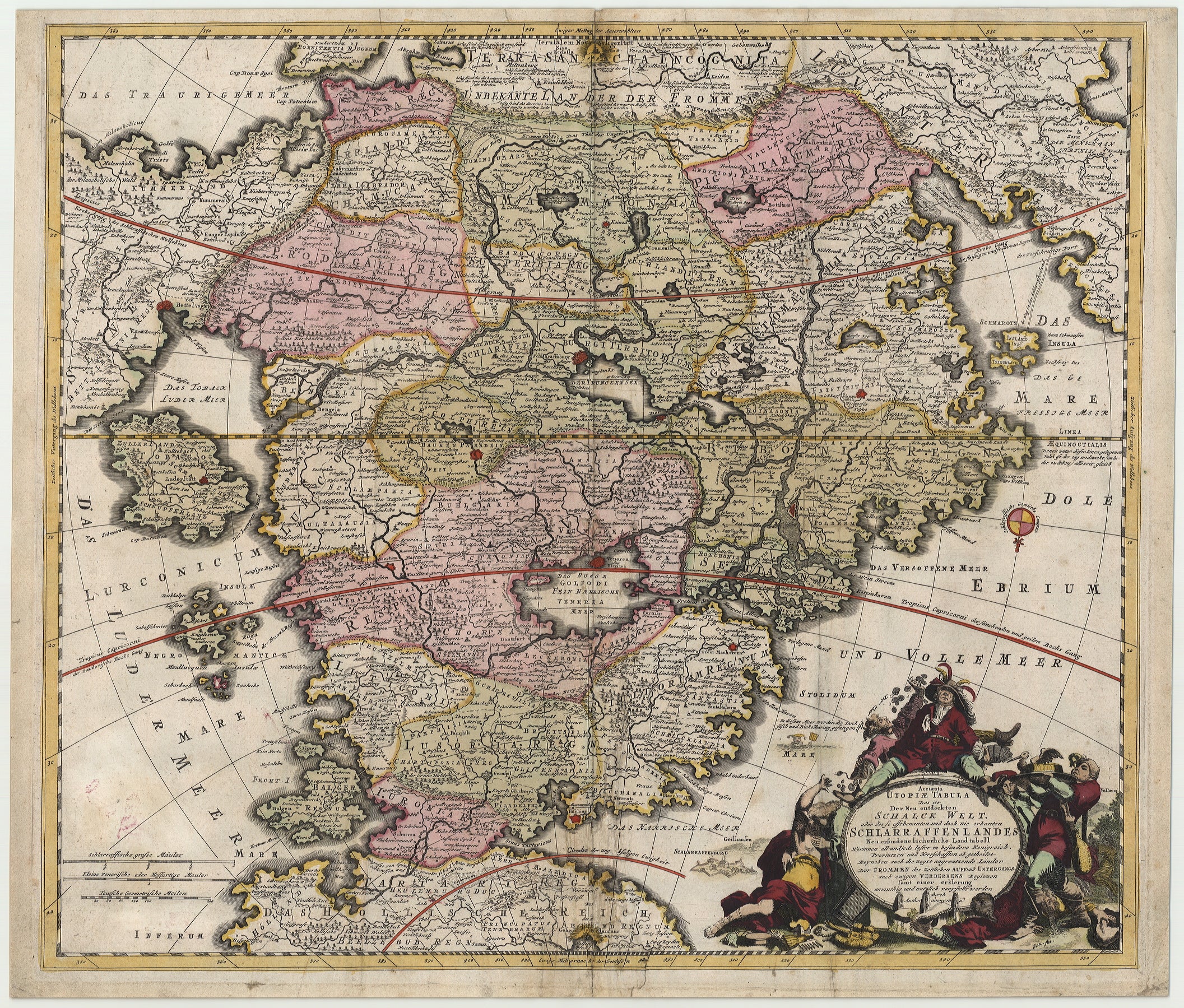 R3112  Homann, Johann Baptist: Accurata Utopia Tabula, Das ist Der Neu entdeckten Schalck Welt, oder des so offt benannten, und doch nie erkanten Schlarraffenlandes. 1700