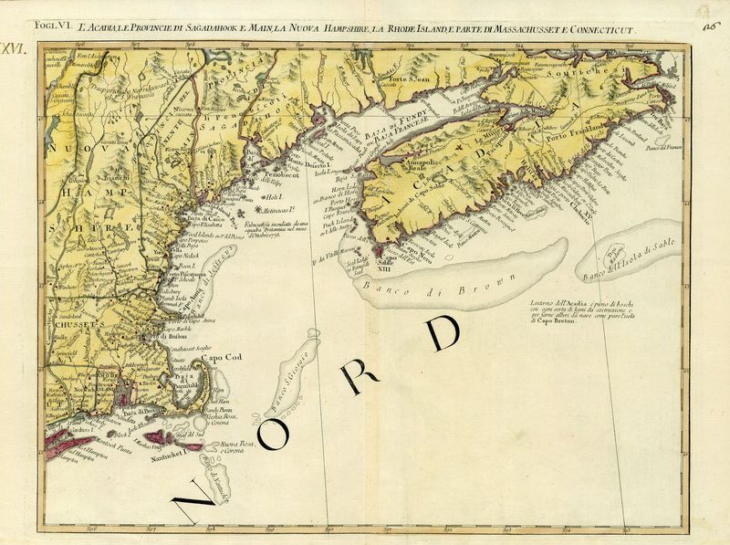 3130   Zatta, Antonio: L´Acadia, le Provincie di Sagadahook e Main, la Nuova Hampshire, la Rhode Island, e Parte di Massachusset e Connecticut.  1778