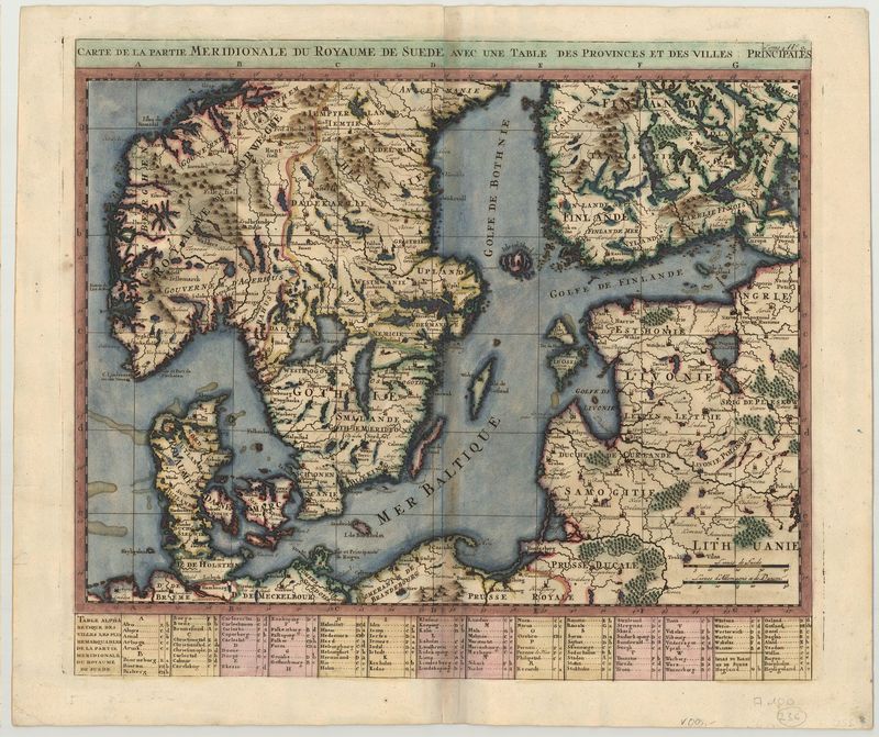 R3179   Châtelain, Henri Abraham : Carte de la Partie Meridionale du Royaume de Suede avec une table des Provinces et des Villes principales   1710