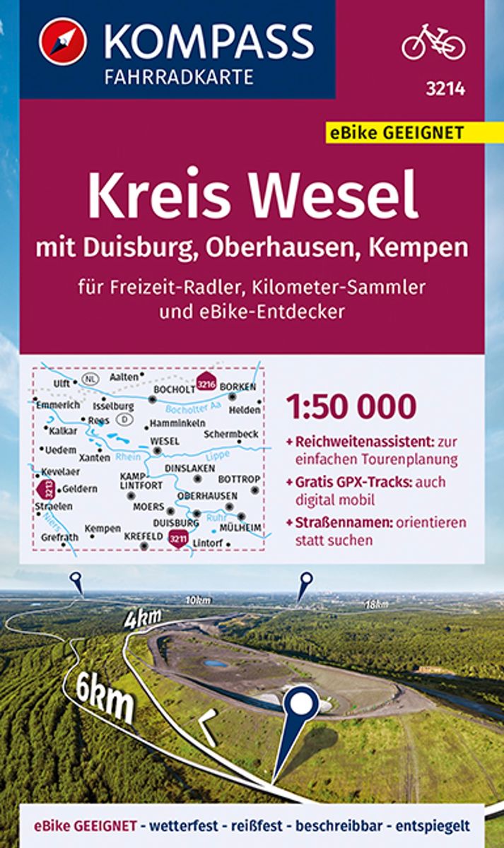 3214 Kreis Wesel mit Duisburg, Oberhausen, Kempen 1:50.000 - KOMPASS Fahrradkarte