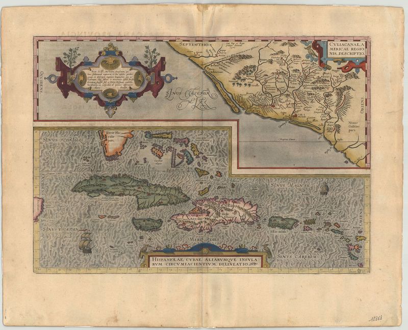 3296   Ortelius, Abraham: Culiacanae, Americae Regionis, Descriptio //  1612                                                                                  Hispaniolae, Cubae,Aliarumque Circumiacientium, Delineatio
