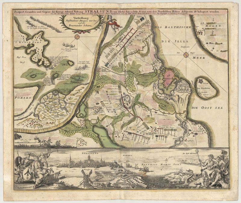 R3316   Homann, Johann Baptist : Prospect, Grundris und Gegent der Königl.Schwed. Vestung Stralsund   1720