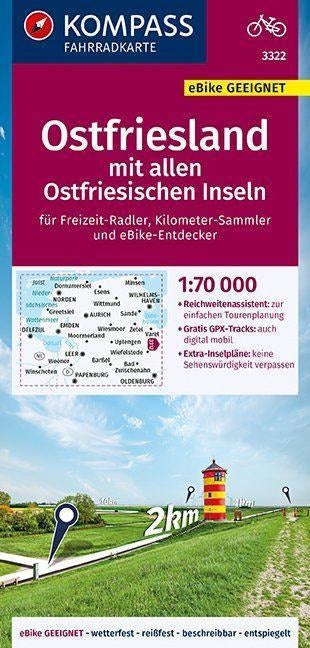 3322 Ostfriesland mit allen Ostfriesischen Inseln 1:70.000 - KOMPASS Fahrradkarte