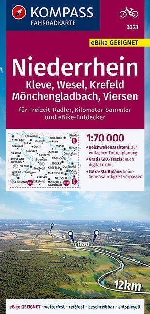 3323 Niederrhein, Kleve, Wesel, Krefeld, Mönchengladbach, Viersen 1:70.000 - KOMPASS Fahrradkarte