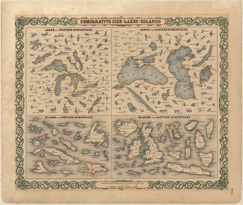 Insel und Seegrößen der Welt im Vergleich im Jahr 1855 von Joseph Hutchins Colton