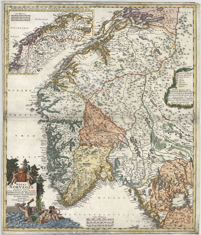 3348   Homann, Johann Baptist : Regni Norvegiae Accurata Tabula in qua Praefecturae quinque Generales  1720