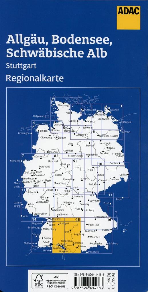 Allgäu, Bodensee, Schwäbische Alb, Stuttgart 1:150.000 - ADAC Regionalkarte