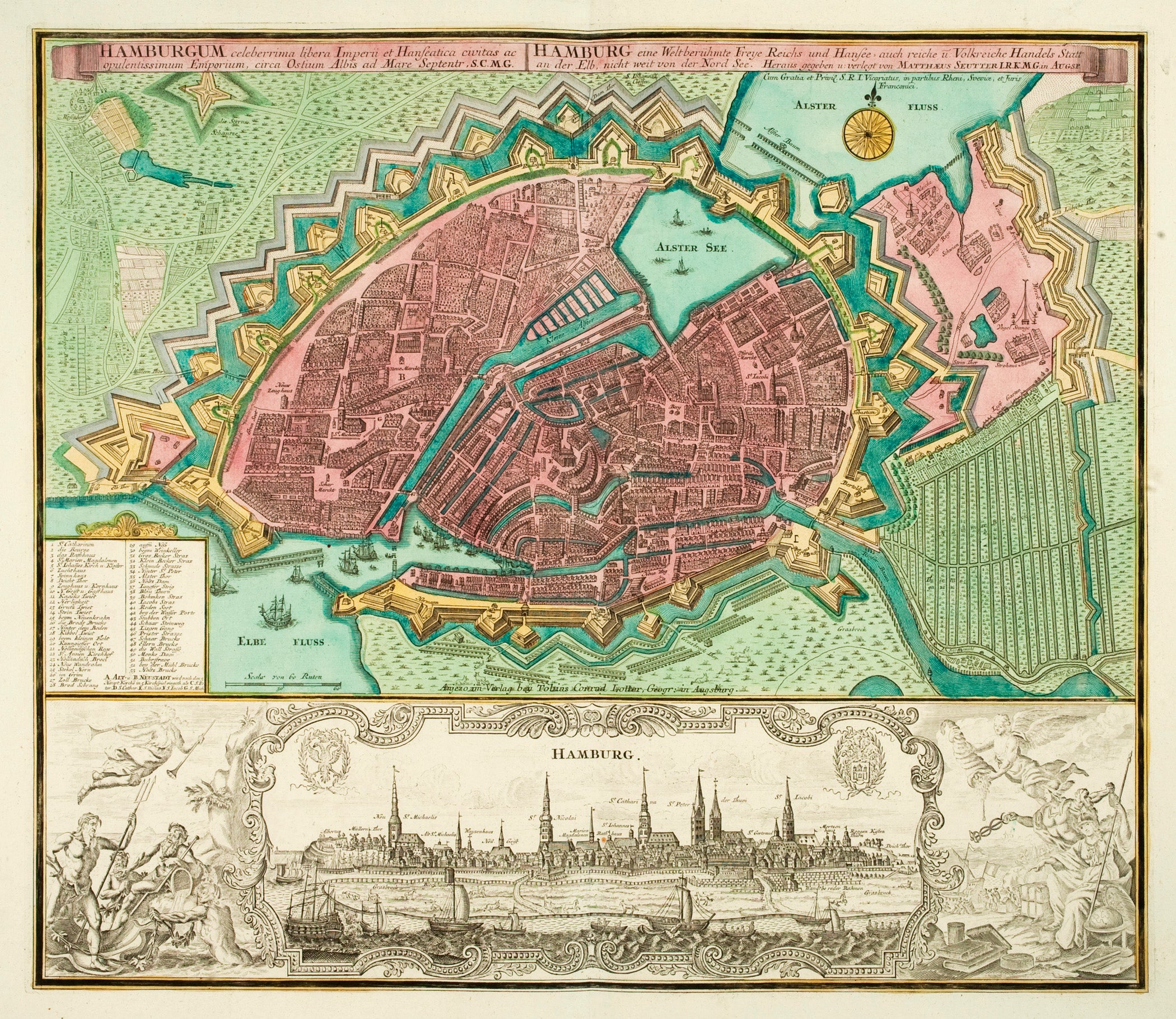 R3818  Seutter, Matthäus (I.): Hamburg eine Welt berühmte Freye Reichs und Hansee , auch reiche u. Volkreiche Handels--Statt an der Elb, nicht weit von der Nord See. 1740